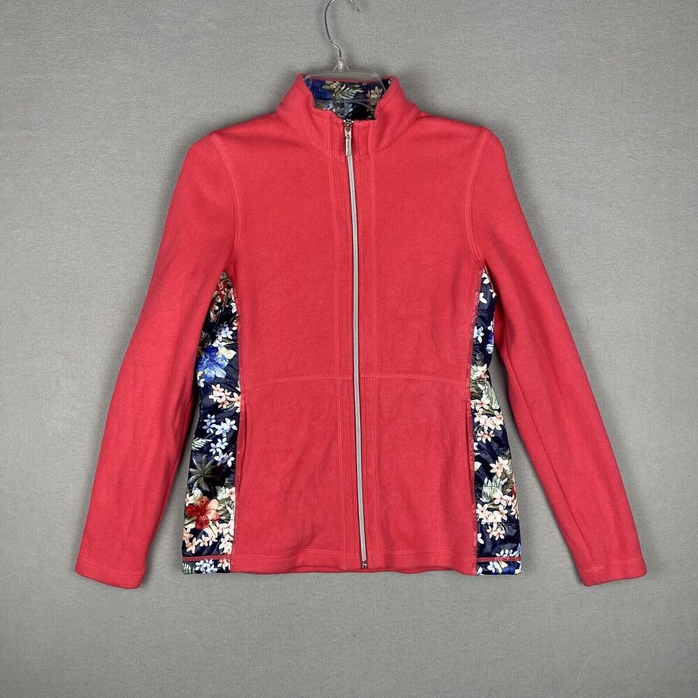 Tommy Bahama Floral Collar And Sides Full Zip Sweater Knit Jacket Small Pink